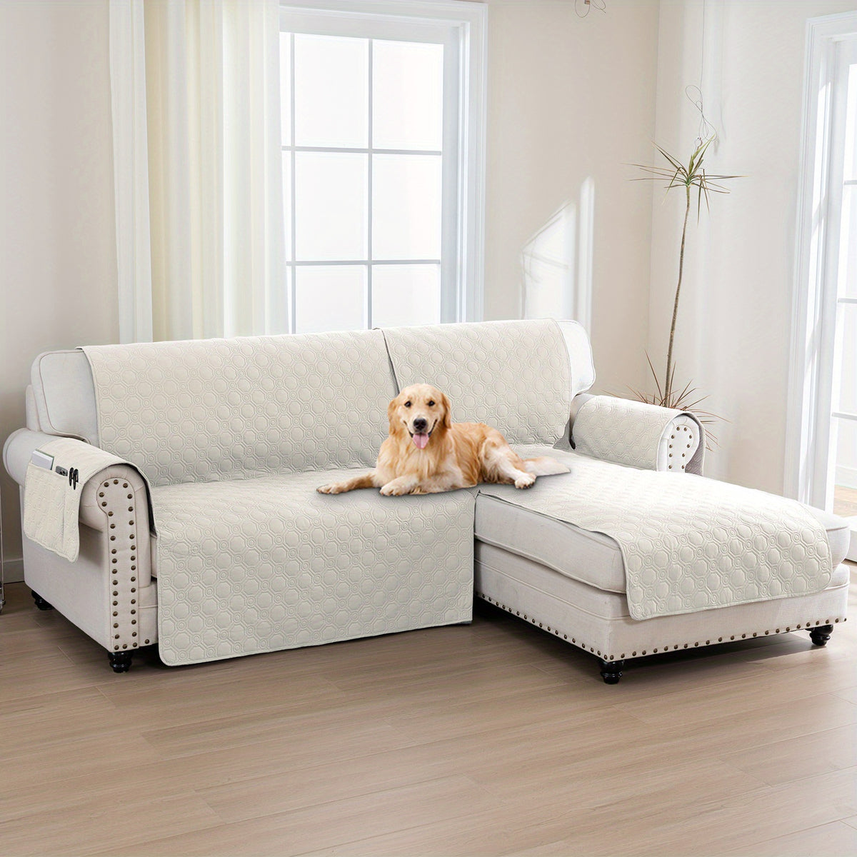 L-Shaped Sectional Sofa Cover 100% Liquid-Resistant Couch Slipcover with Non-Slip Straps for Dogs Cats Pets Left Right Chaise