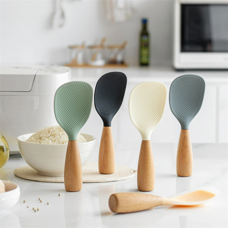 Silicone Rice Spoon with Wooden Handle 2 Pack Heat Resistant Standing Serving Spatula for Nonstick Pans Rice Cooker Grains Potato Orange White Green Gray Black