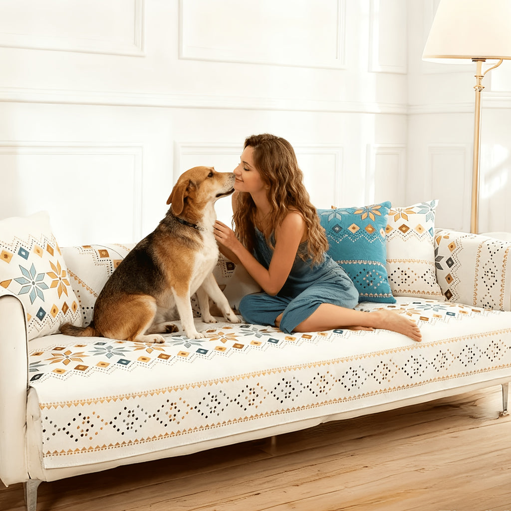 Chenille Sofa Cover Bohemian Geometric Slipcover | Light Breathable Non-Slip Machine Washable Couch Protector for 2/3/4 Seat L-Shape Sectional, Pet & Kid Friendly, White Green