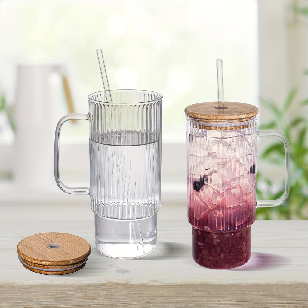 32oz Ribbed Glass Cup with Handle, Bamboo Lid & Straw – Large Clear Glass Tumbler for Iced Coffee, Hot & Cold Drinks – Aesthetic Glassware for Home & Office