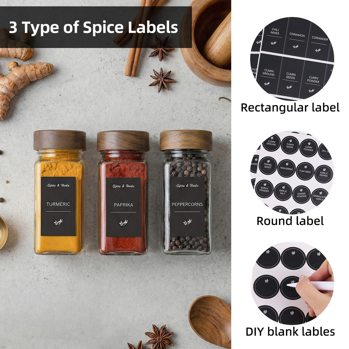 Glass Spice Jars Set with Acacia Wood Lids - 4oz Square Spice Bottles with Shaker Lids, Labels & Grinders for Kitchen Spice Storage and Organization