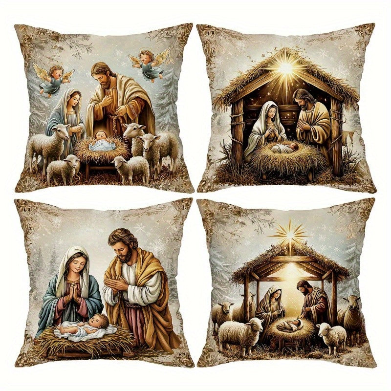 Christmas Pillowcase Set of 4 Farmhouse Holiday Decorative Cushion Covers 18x18 Inch for Sofa Living Room Bedroom Winter Home Decoration (No Pillow Insert)