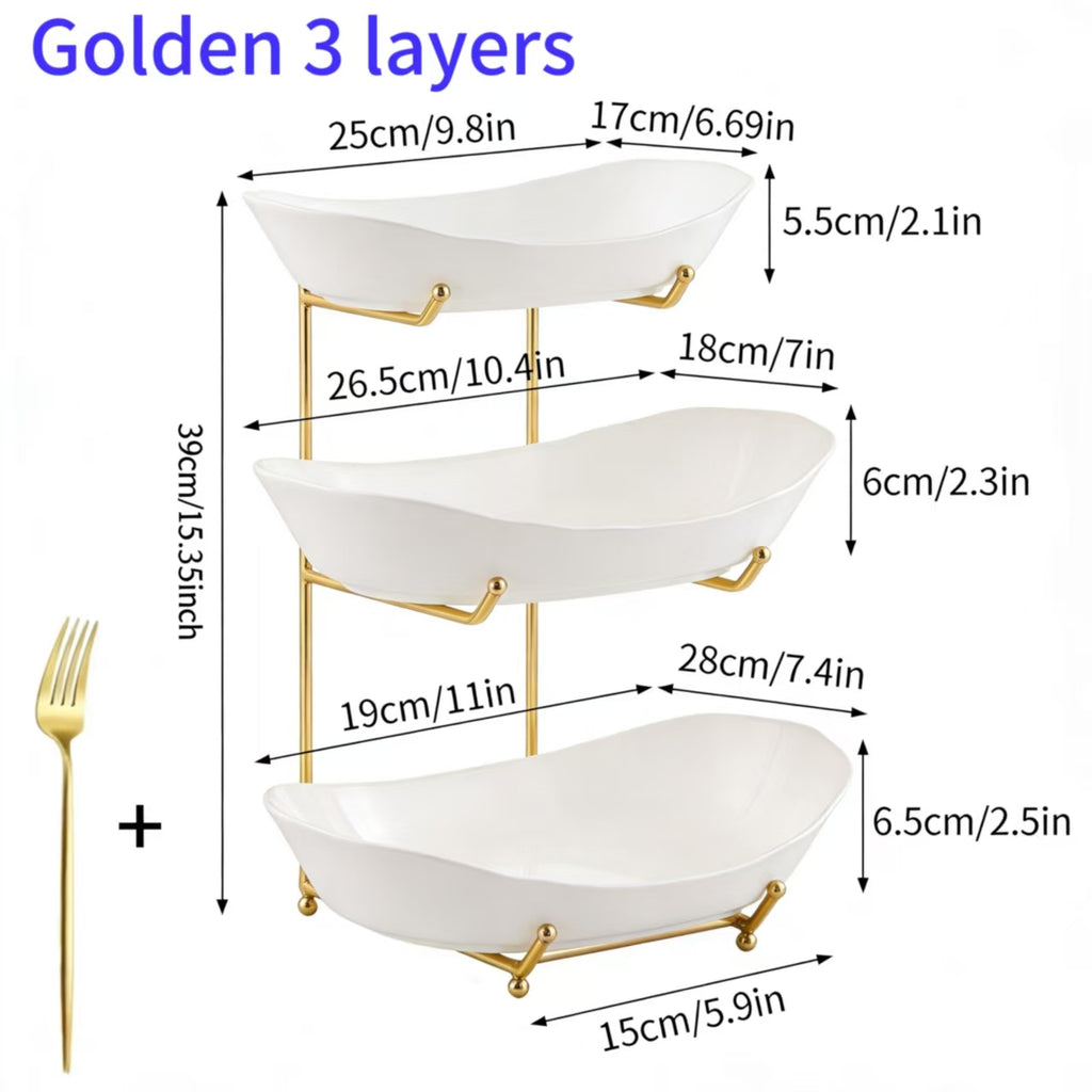 Tiered Fruit Basket Bowl 2-3 Layer Bamboo Wood Stand Kitchen Counter Serving Tray Snack Candy Plate with Fork European Style