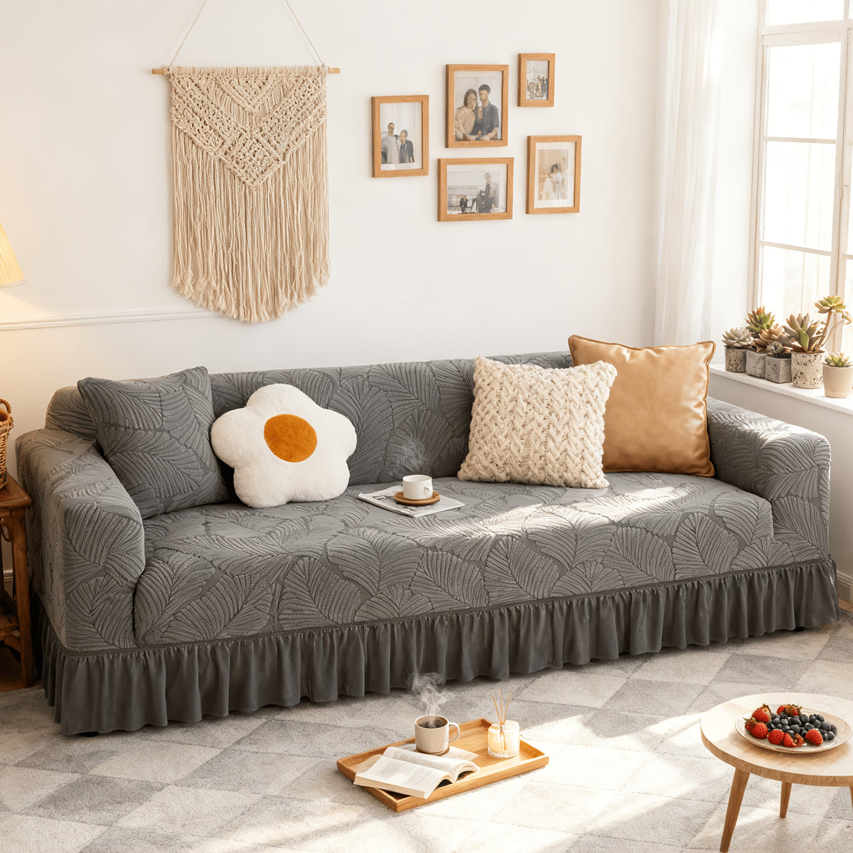 3D Jacquard Sofa Slipcover Full Cover with Elastic Skirt, Pet Proof Anti-Slip Couch Protector for 1 2 3 4 Seater Living Room Sofa, Machine Washable, Gray & Blue, 35 to 118 Inch