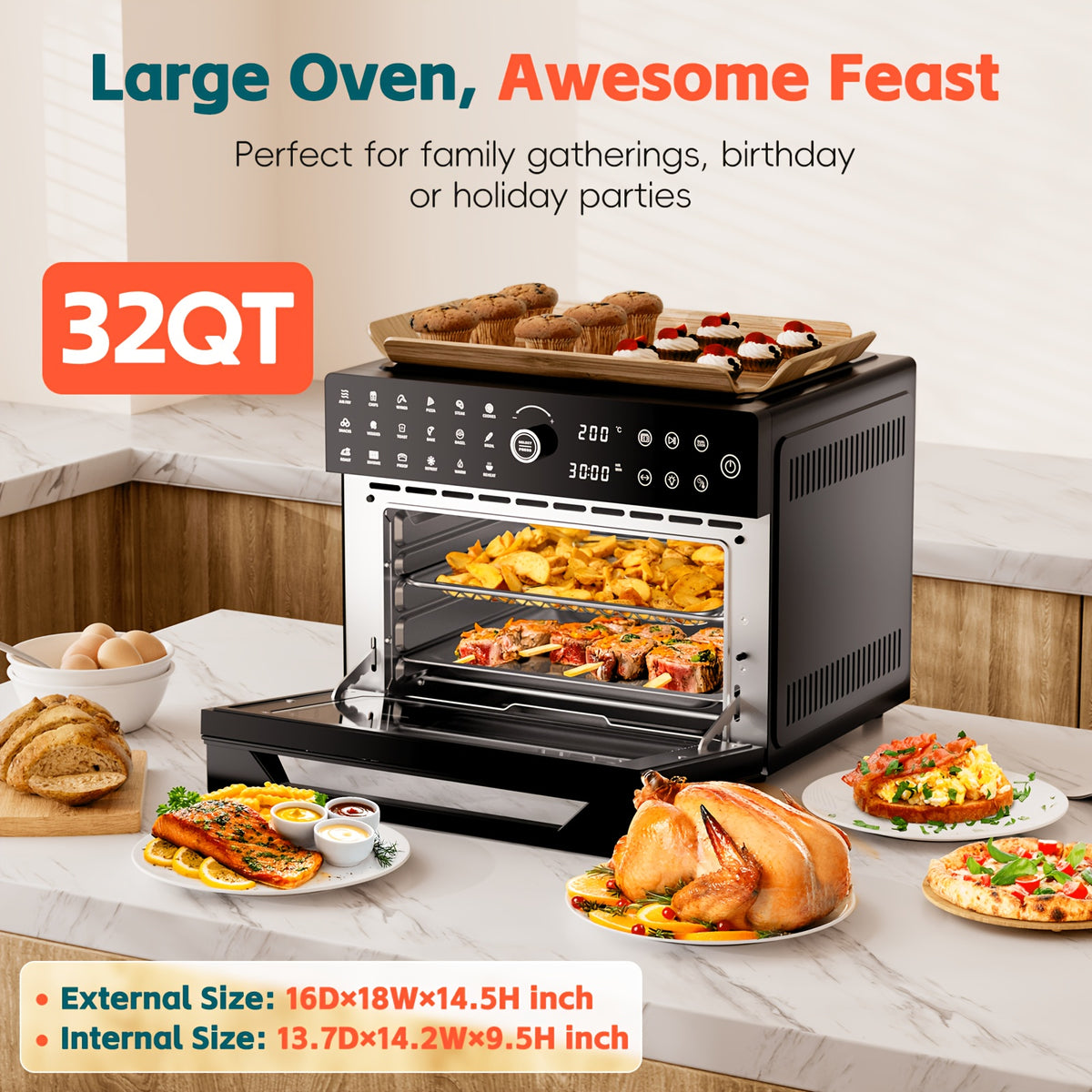 32-Quart 20-in-1 Air Fryer Oven & Toaster Oven Combo, 1800W, 360° Hot Air Circulation, 12 Cooking Modes, Clear Door, 13" Pizza Pan & 7 Accessories — Fits 13-lb Turkey, 86–450°F, Black