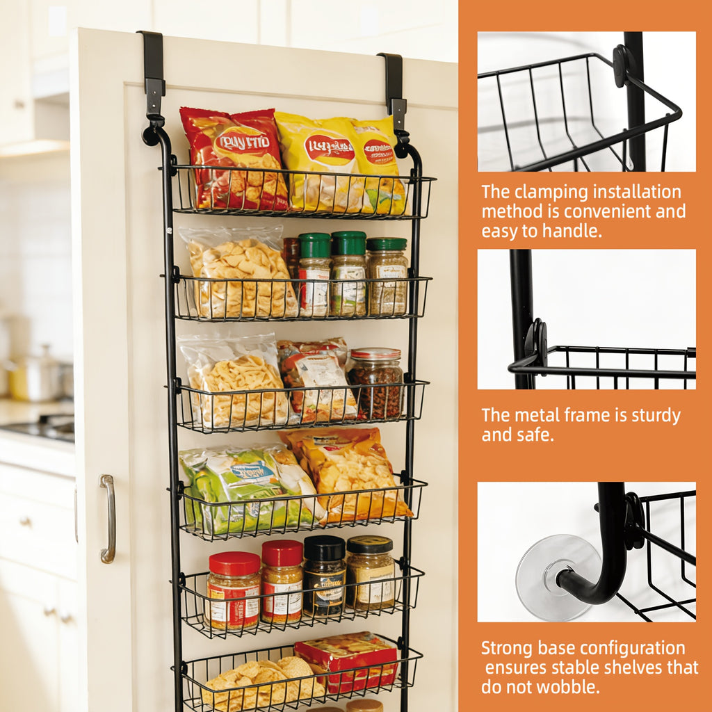Over The Door Pantry Organizer 6 or 8-Tier, Metal Hanging Storage Shelf with Adjustable Baskets, Spice Rack for Kitchen, Pantry, Laundry & Bathroom, Door Mounted Utility Rack, Black or White