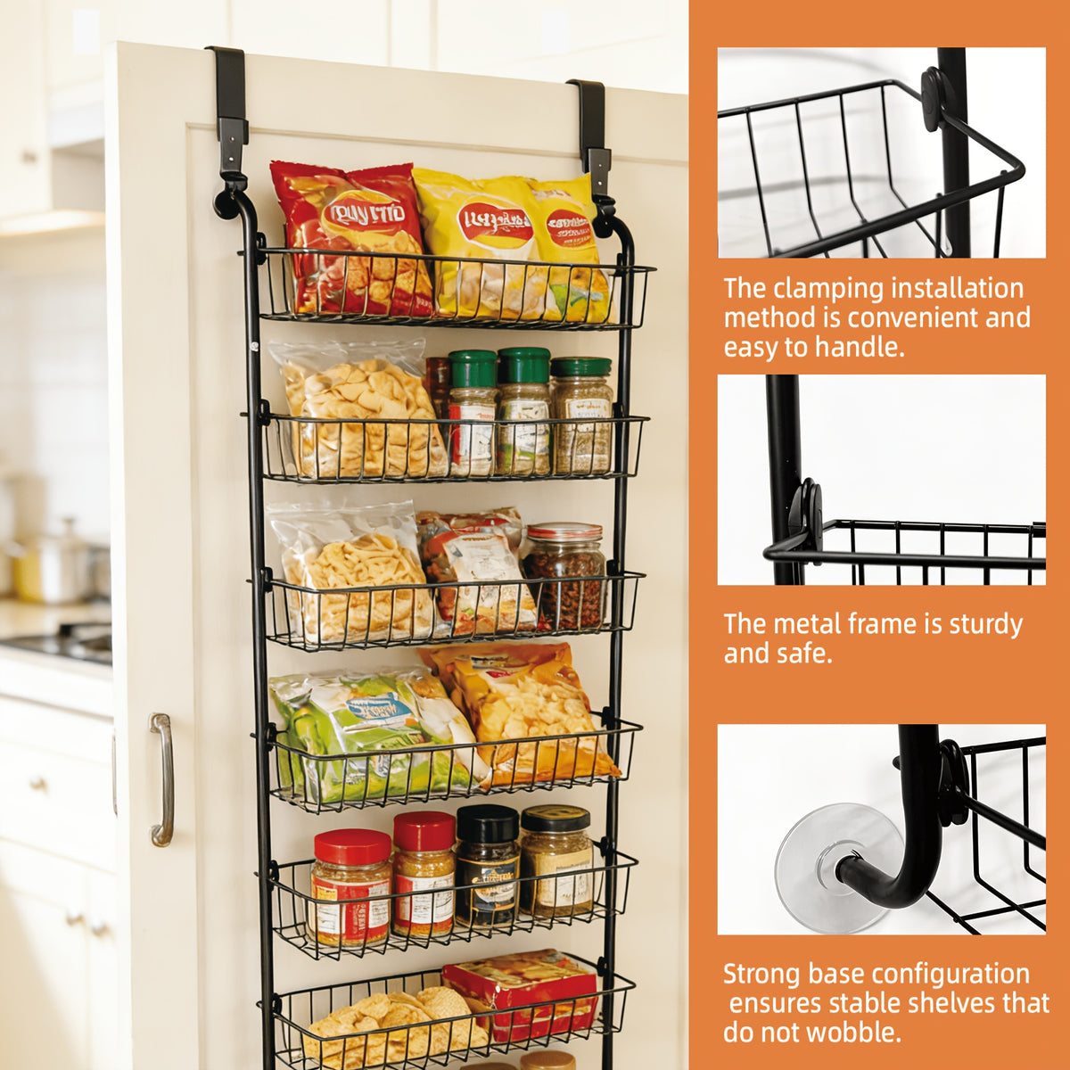 Over The Door Pantry Organizer 6 or 8-Tier, Metal Hanging Storage Shelf with Adjustable Baskets, Spice Rack for Kitchen, Pantry, Laundry & Bathroom, Door Mounted Utility Rack, Black or White