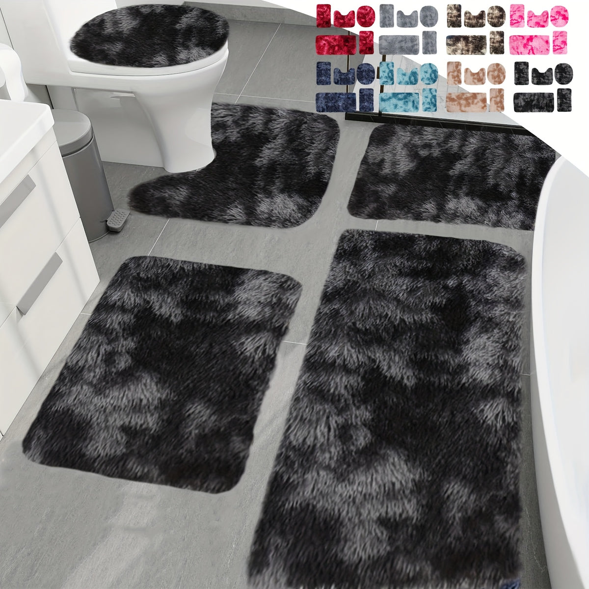 Plush Bath Rugs Set 1-6 Pieces, Multi-Color Microfiber Non-Slip Bathroom Mats – Soft Water Absorbent Thick Machine Washable Toilet Mats for Bathroom, Tub & Shower