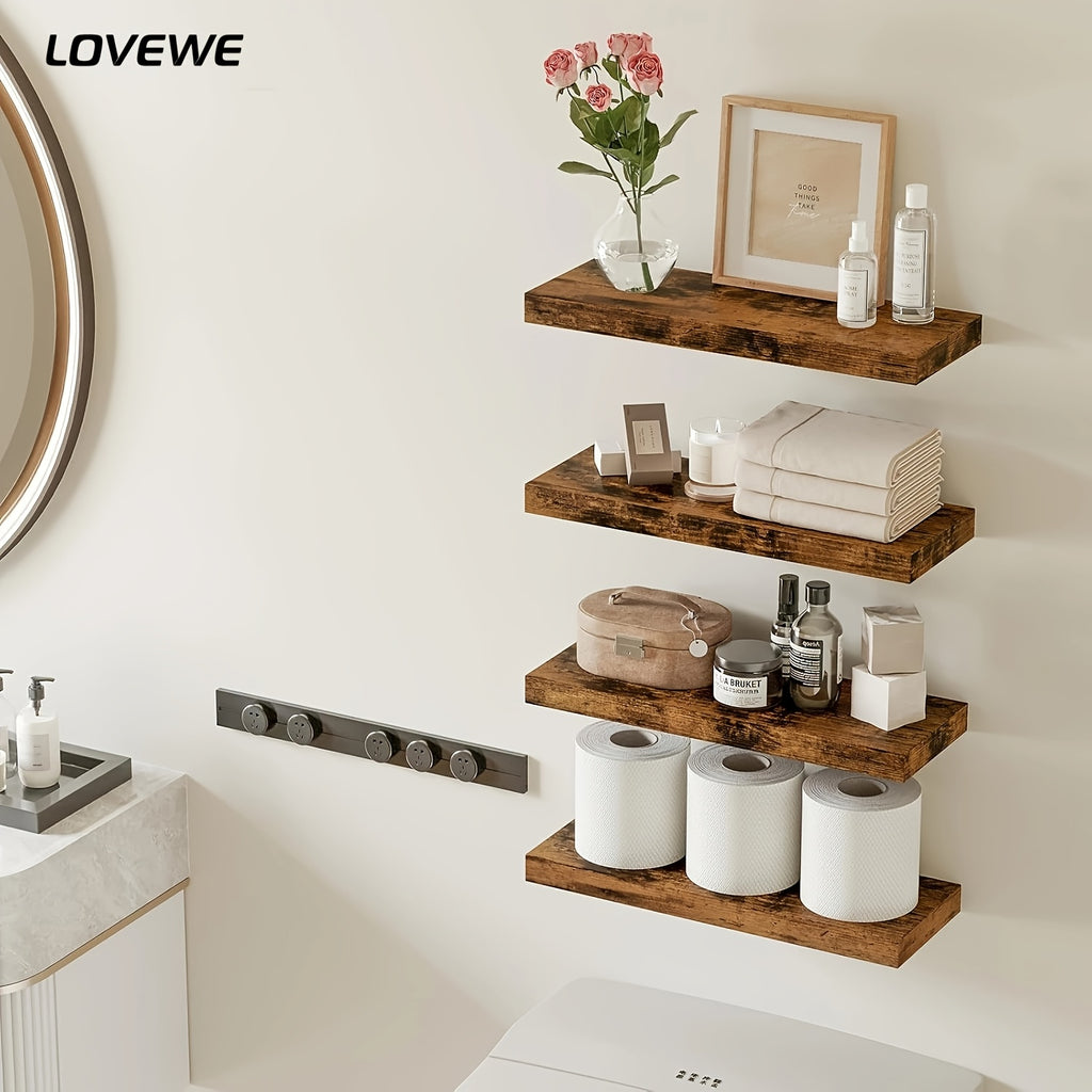 Floating Shelves for Wall 4-Pack 15.8 Inch - Brown Wall Mounted Shelf with Invisible Bracket for Bathroom, Living Room, Bedroom, Kitchen & Office Decor
