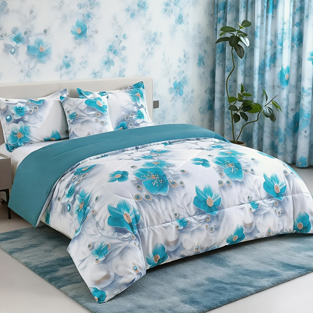 Teal Floral Comforter Set 2/3pcs - Gradient Oil Painting Style Elegant Botanical Floral All-Season Luxury Quilt Set Soft Lightweight Breathable Microfiber Twin Queen King