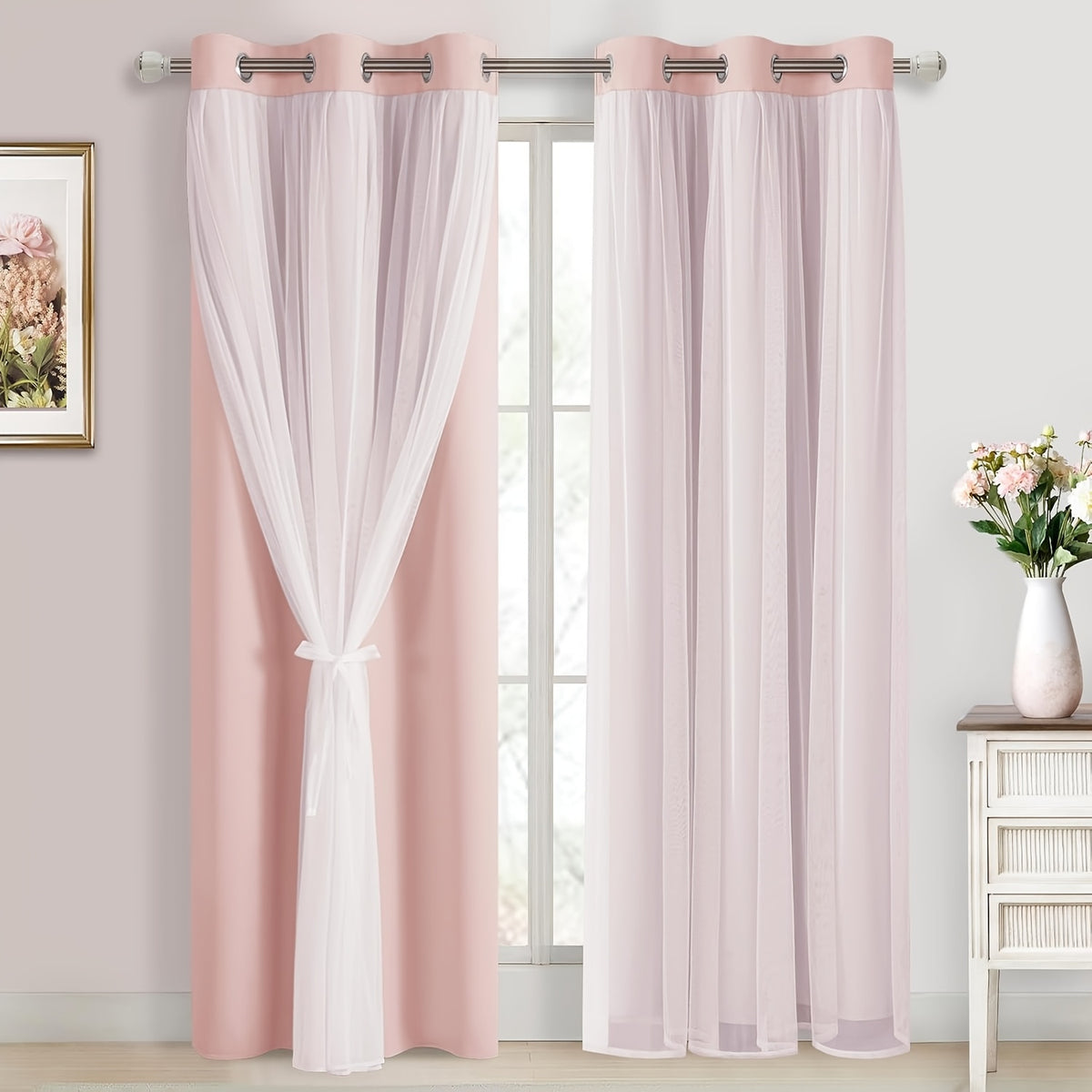 Double Layer Blackout Curtains with Sheer Overlay 2 Panels - Grommet Top Thermal Insulated Mix & Match Window Drapes with Tiebacks for Bedroom Living Room, All Season