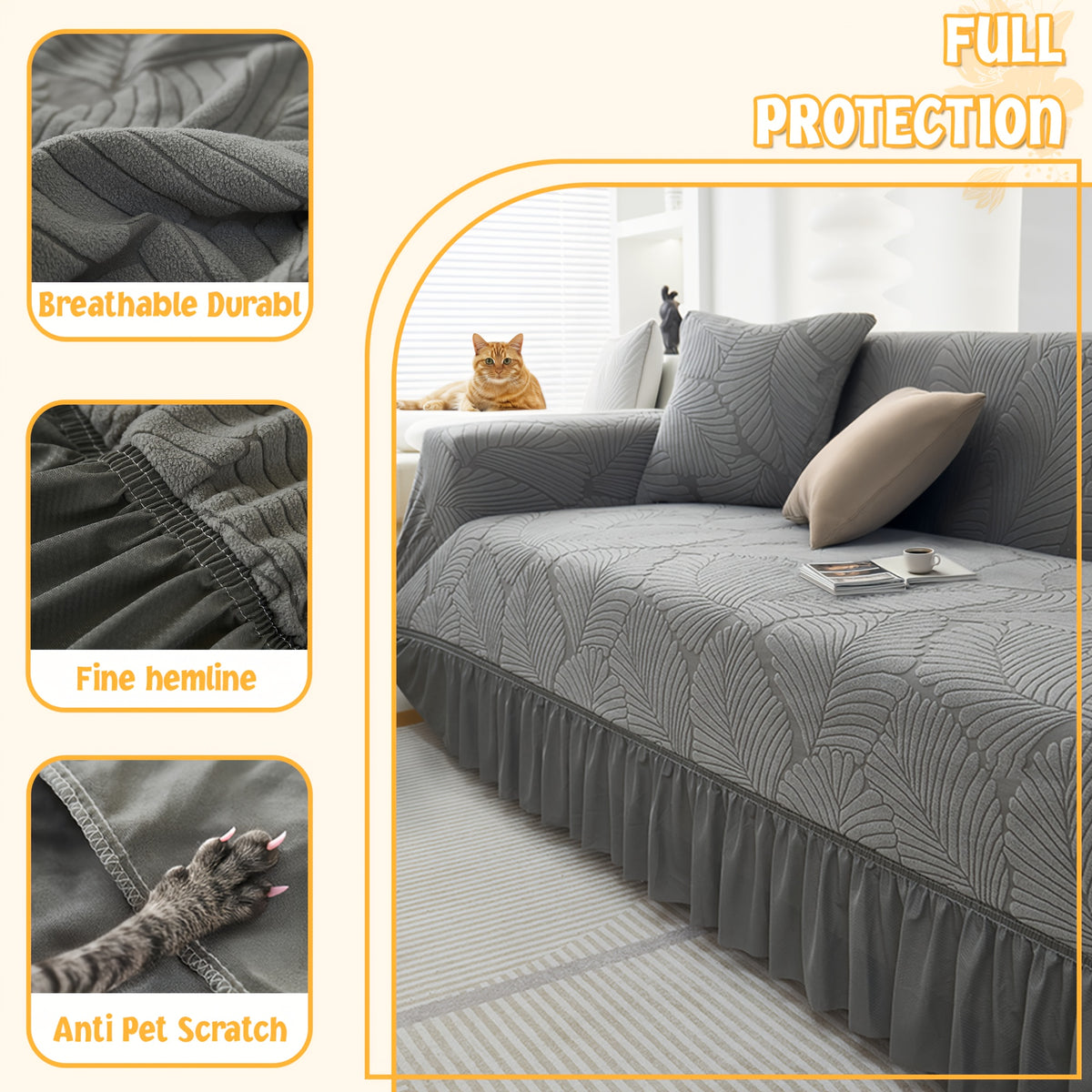 Luxury Skirted Sofa Cover Full Coverage Stretch Velvet Slipcover – Anti-Slip Pet-Friendly Couch Protector for 1/2/3/4-Seater, Soft Warm Furniture Cover in Navy Blue & Charcoal Gray for Winter Christmas Home Decor