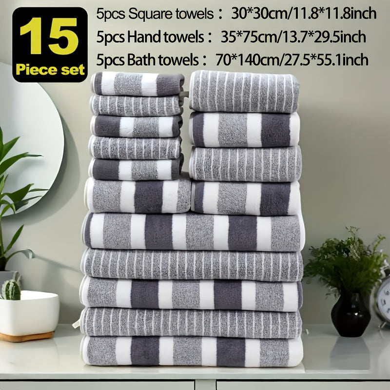 Classic Striped Bath Towel Set – 9 or 15 Piece No-Hair-Loss Super Absorbent Two-Color Towel Bundle | Large Bath Towels, Face Towels & Hand Towels for Bathroom & Beach