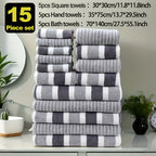 Classic Striped Bath Towel Set – 9 or 15 Piece No-Hair-Loss Super Absorbent Two-Color Towel Bundle | Large Bath Towels, Face Towels & Hand Towels for Bathroom & Beach