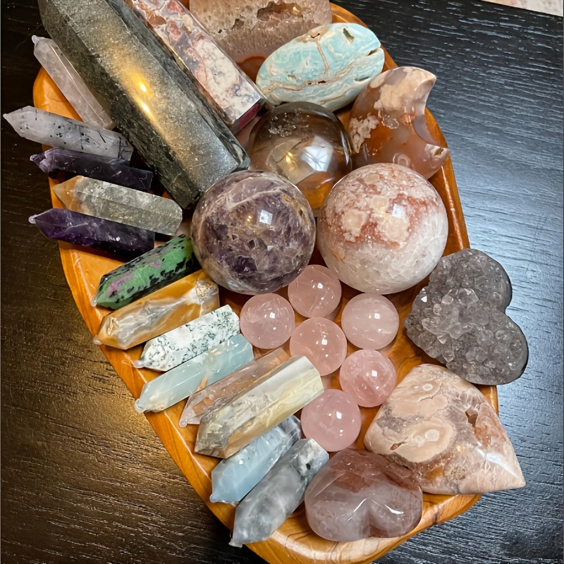 Crystal Gift Box Set 450g Raw Agate Stones & Gemstone Carvings Collection, Mixed Natural Crystals for Home Office Decoration, Healing Crystals Display, Holiday & Birthday Gift