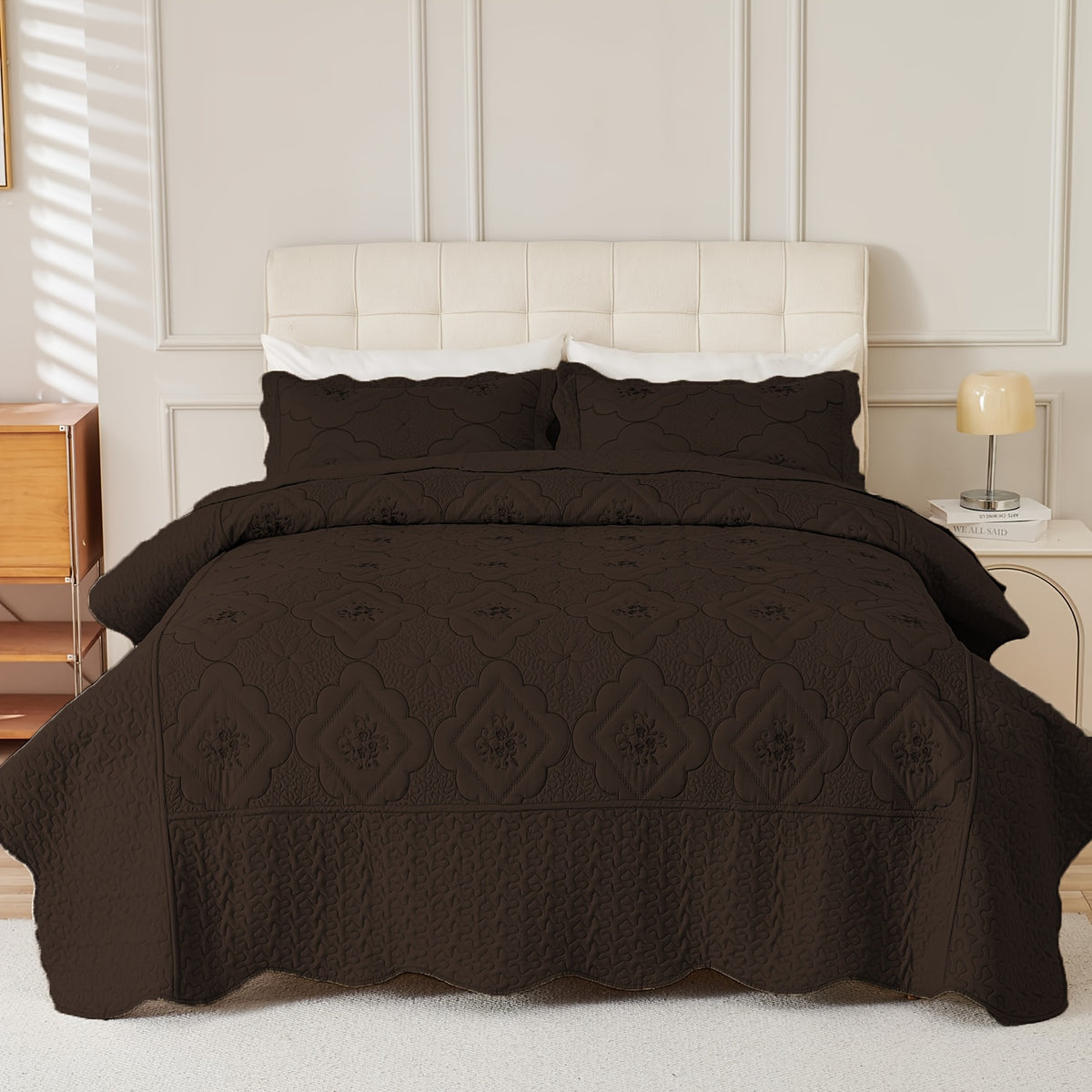 Quilted Embroidered Bedspread Set 3 Pcs – Floral Embroidery, 100% Polyester, Wrinkle-Resistant Lightweight Coverlet for Queen & King Bedroom Decor, 16 Colors