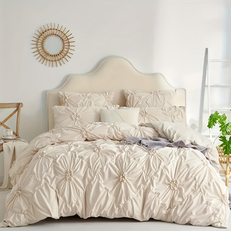 Boho Duvet Cover Set Queen King Twin Full - 3D Stereoscopic Floral Rhomboid Plaid Texture, Soft Breathable 3-Piece Bedding with Pillowcases, All-Season Bedroom Decor, White Camel Milk Coffee