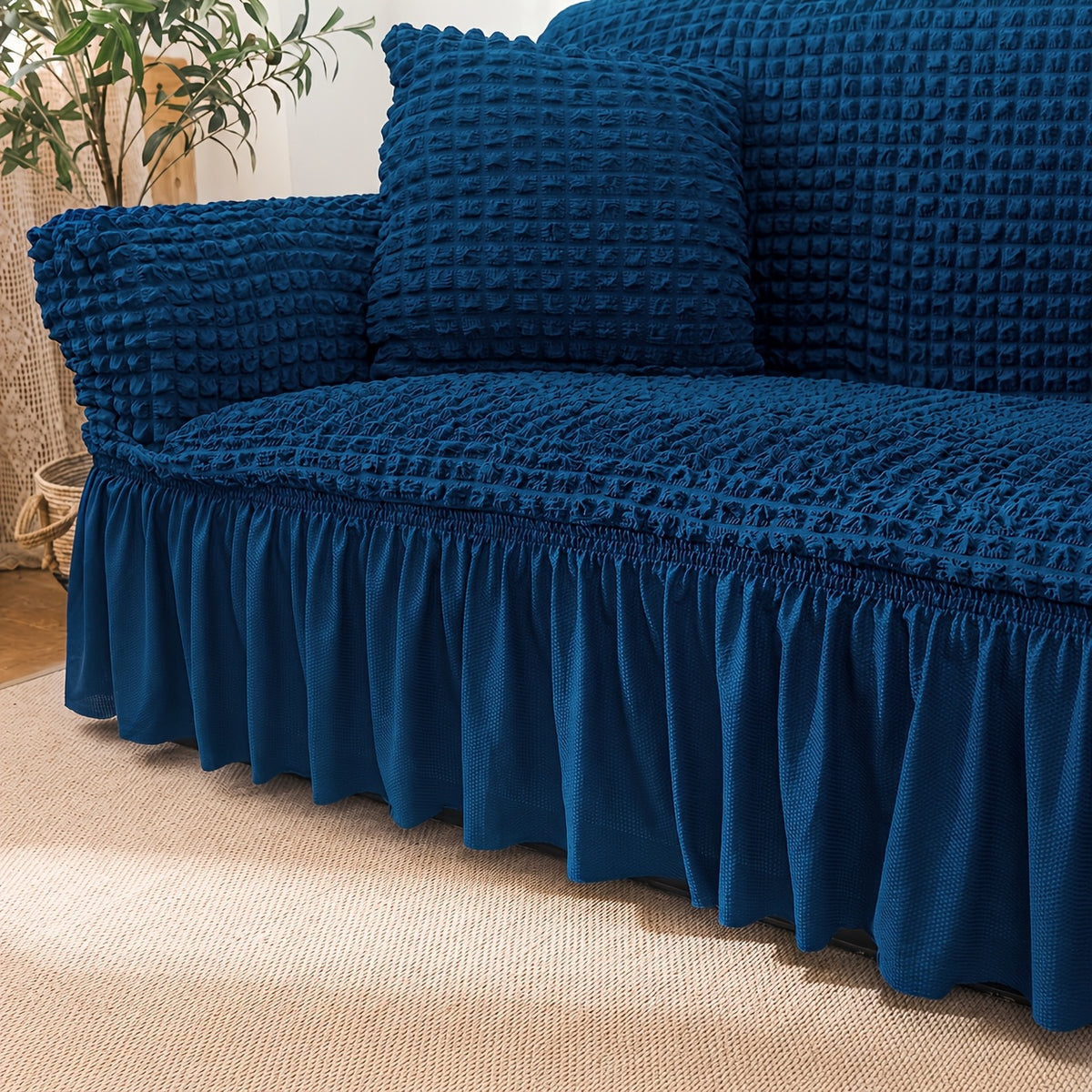 3D Bubble Texture Seersucker Sofa Cover One-Piece Elastic Band Closure Machine Washable – Solid Color Slipcover for Armchair Loveseat 1 2 3 4 Seater Sofa, Modern Home Decor