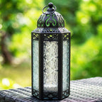 Moroccan Candle Lantern Holder Medium 10.5 Inch – Handcrafted Glass Iron Metal Lantern with Embossed Floral Panels, 17 Colors, Indoor Outdoor Use for Ramadan, Wedding, Patio, Diwali & Home Decor