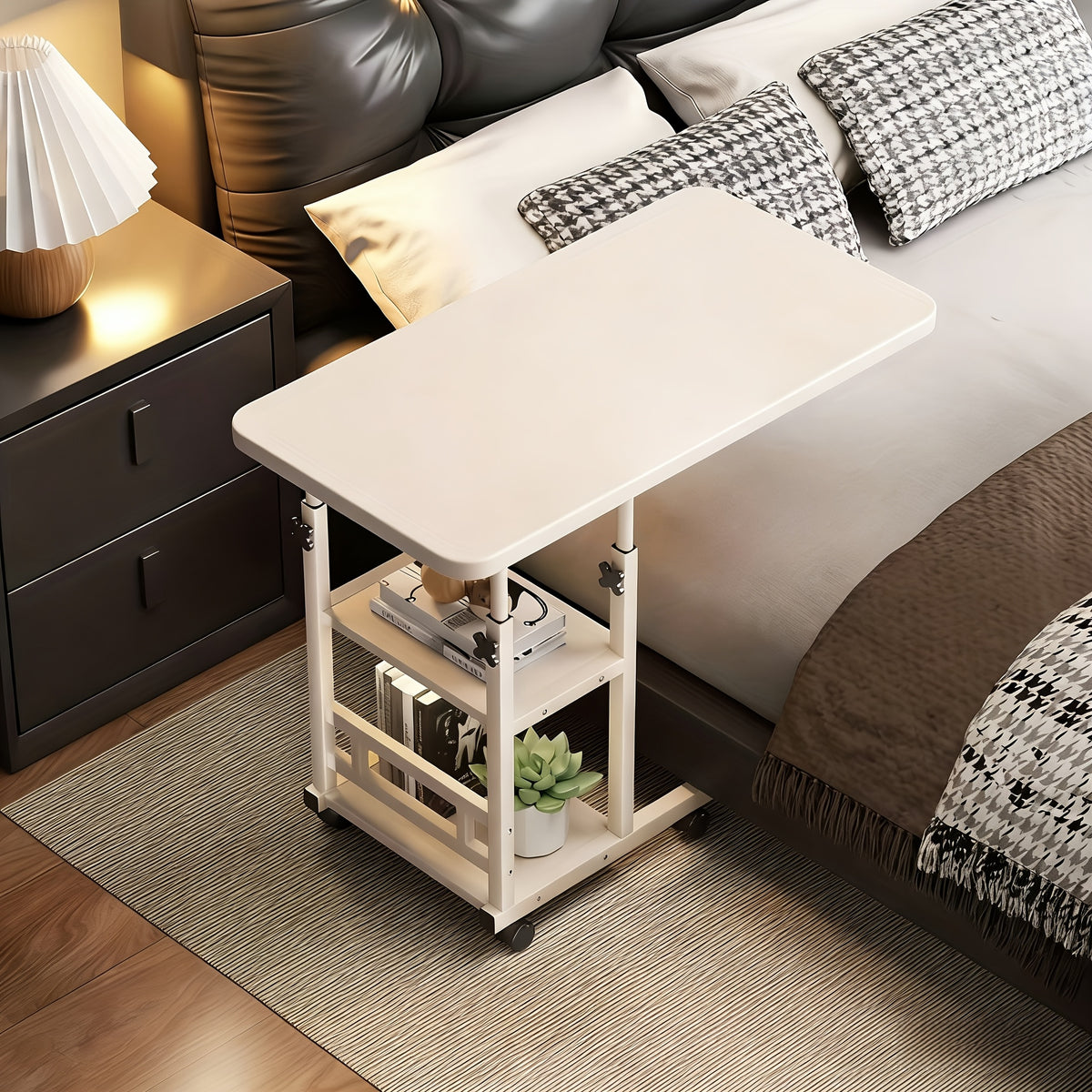 Rolling Over-Bed Table with 2-Layer Storage Rack | Mobile Bedside & Sofa Laptop Table, Solid Metal Frame, Smooth Wheels, Space-Saving Design – Multiple Colors
