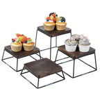 Set of 4 Square Wooden Cake Stands with Metal Wire Bases – Dessert Display Stands for Cupcakes, Appetizers & Party Serving