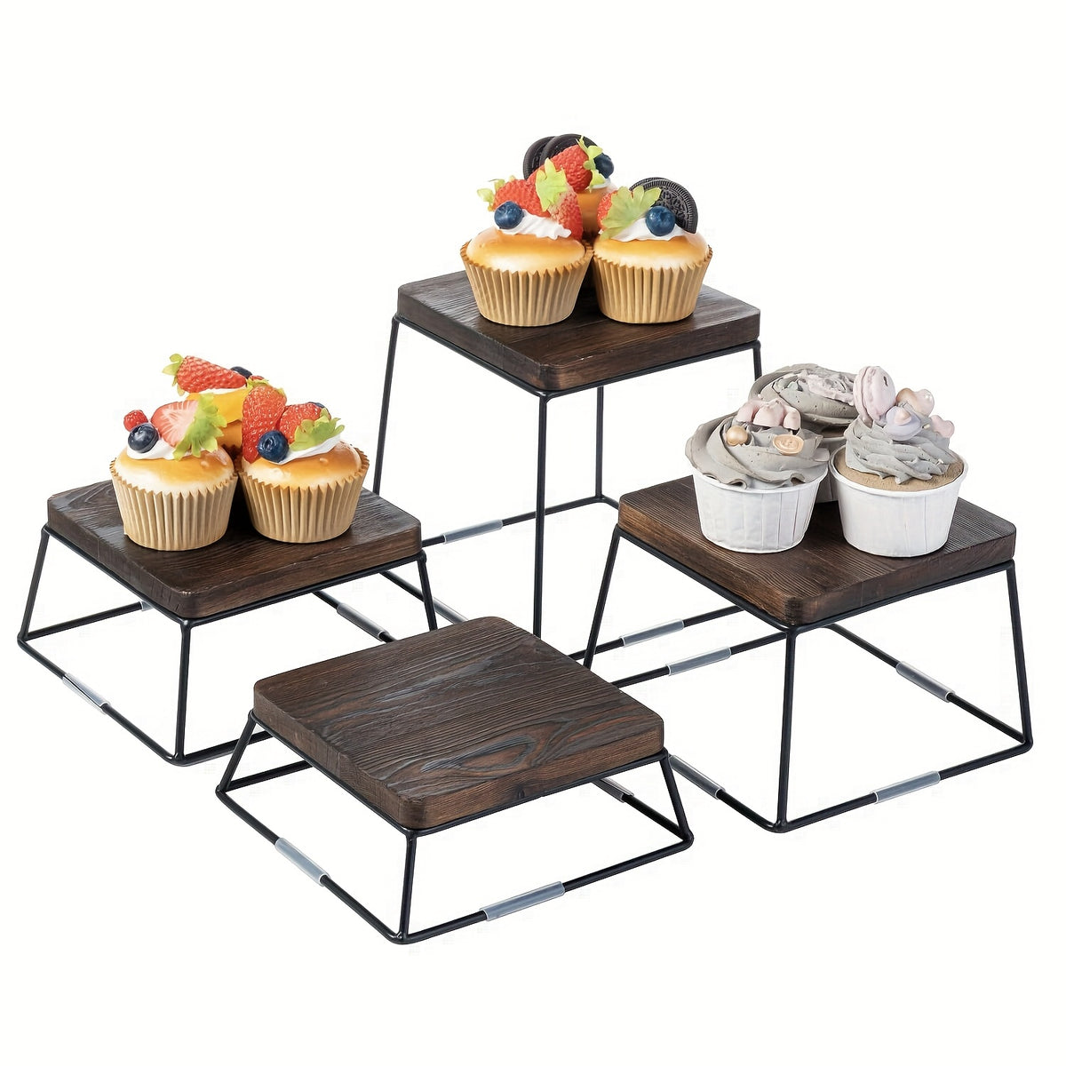 Set of 4 Square Wooden Cake Stands with Metal Wire Bases – Dessert Display Stands for Cupcakes, Appetizers & Party Serving