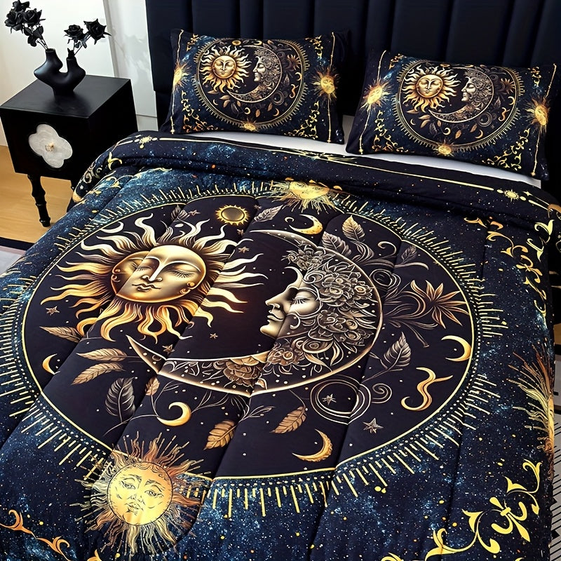 Sun Moon Planet Quilt Set 3 Piece – Golden Celestial Digital Print 180GSM Comforter with 2 Pillowcases, Soft Breathable Bedroom Dorm Decor Bedding King Size