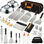 BBQ Grill Tool Set with Cast Iron Meat Press & Meat Thermometer - Complete Outdoor Barbecue Accessories Kit for Teppanyaki Grilling, Backyard Parties & Father's Day Gift