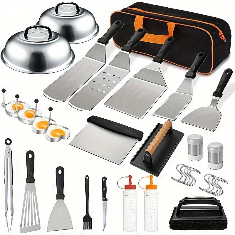 BBQ Grill Tool Set with Cast Iron Meat Press & Meat Thermometer - Complete Outdoor Barbecue Accessories Kit for Teppanyaki Grilling, Backyard Parties & Father's Day Gift
