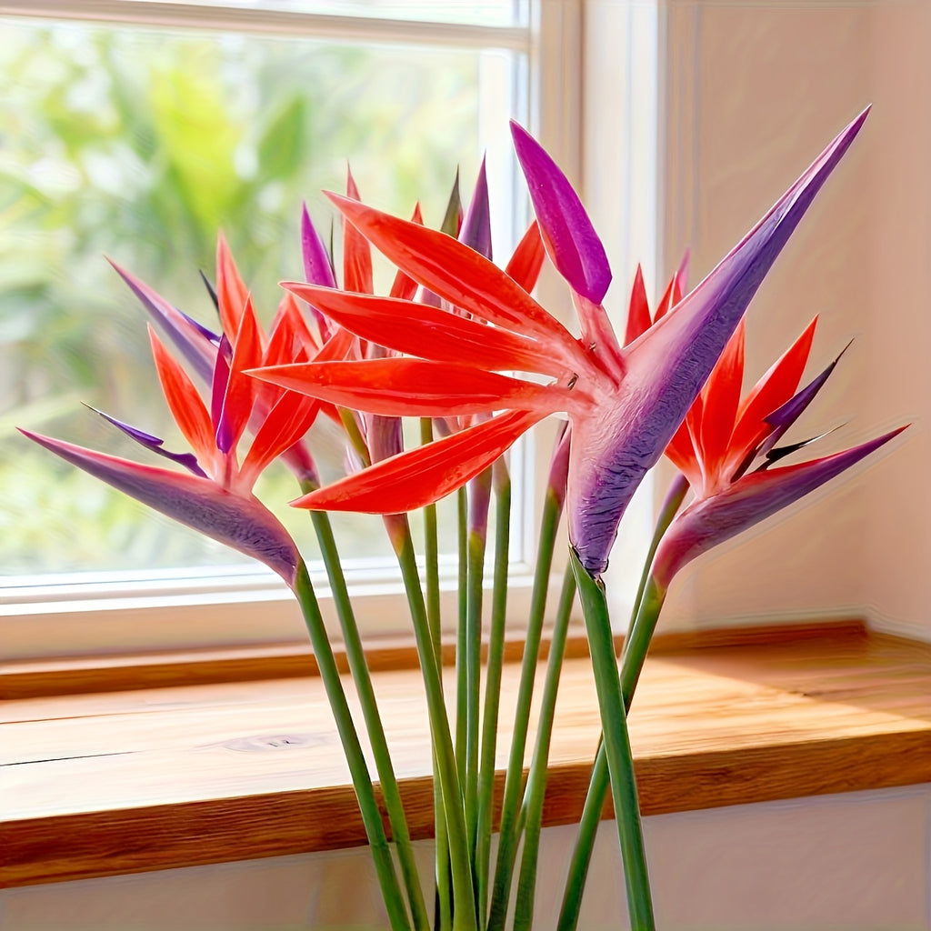 Artificial Bird of Paradise Flowers – 5-Stem Faux Strelitzia Bouquet with Orange & Purple Petals, Lifelike Plastic Stems for Home, Office & Wedding Table Centerpieces