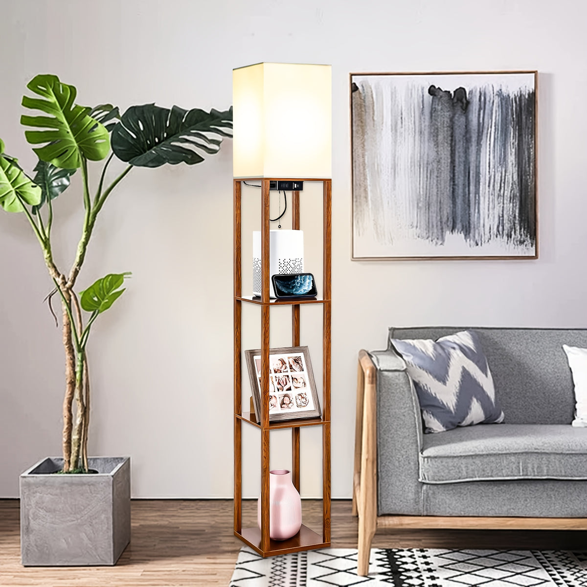 Floor Lamp with Shelves USB & Type-C Charging Port – Modern Column Standing Lamp with 9W LED Bulb, 3 Color Temperatures, AC Power Outlet for Living Room Bedroom Office