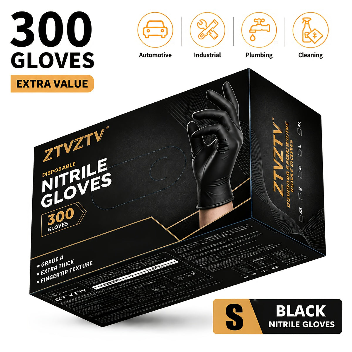 300 Pcs Black Nitrile Disposable Gloves Thickened High-Density S M L XL for Kitchen Cleaning Tattoo Beauty Salon