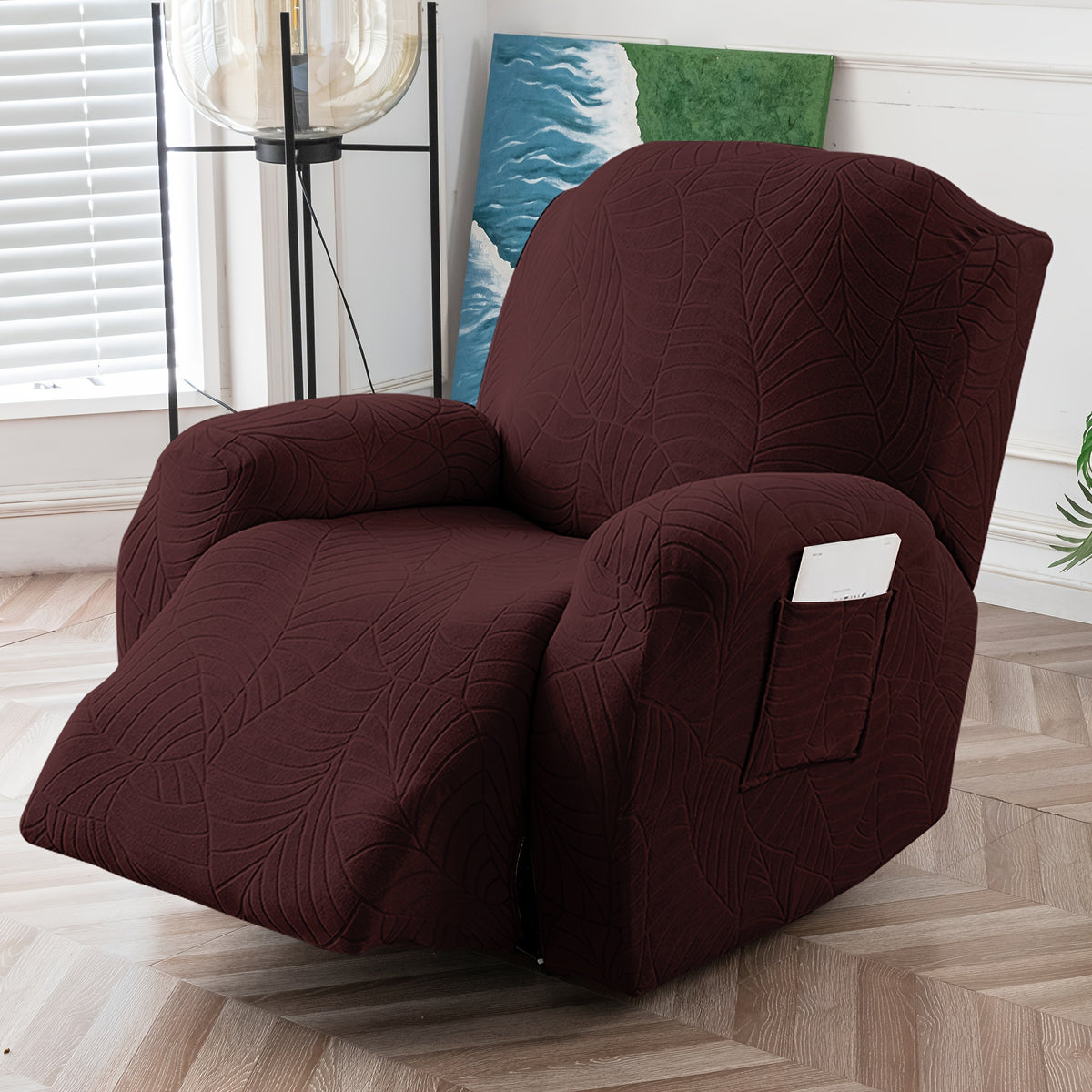 Jacquard Leaf Recliner Chair Cover 4-Piece Stretch Slipcover with Storage Pocket | Furniture Protector for Living Room Recliner, 6 Colors — Dark Gray Beige Wine Red Light Grey Chocolate Light Blue