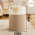 Collapsible Woven Rope Laundry Basket & Hamper - 4 Sizes (12-26 Gal), Cotton Rope Storage Basket for Dirty Clothes, Blankets & Toys, Boho Bathroom Nursery & Living Room Decor