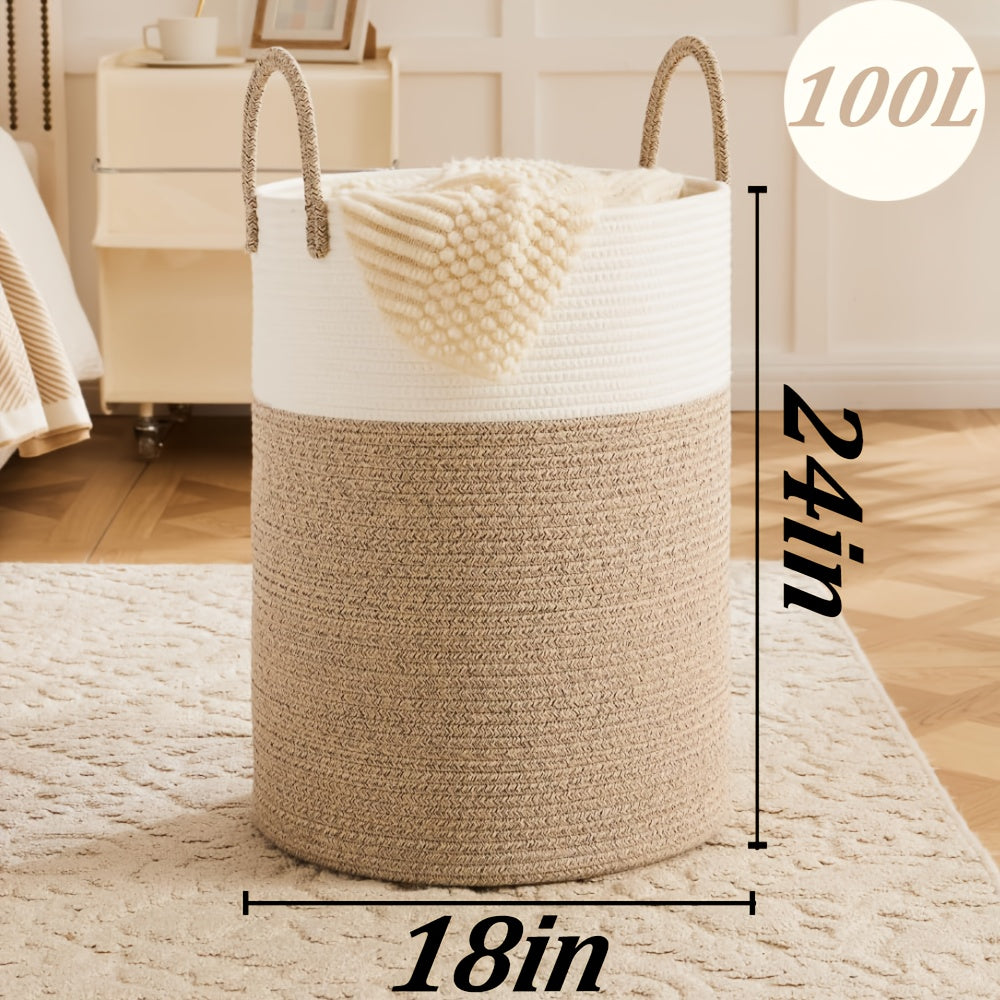 Collapsible Woven Rope Laundry Basket & Hamper - 4 Sizes (12-26 Gal), Cotton Rope Storage Basket for Dirty Clothes, Blankets & Toys, Boho Bathroom Nursery & Living Room Decor