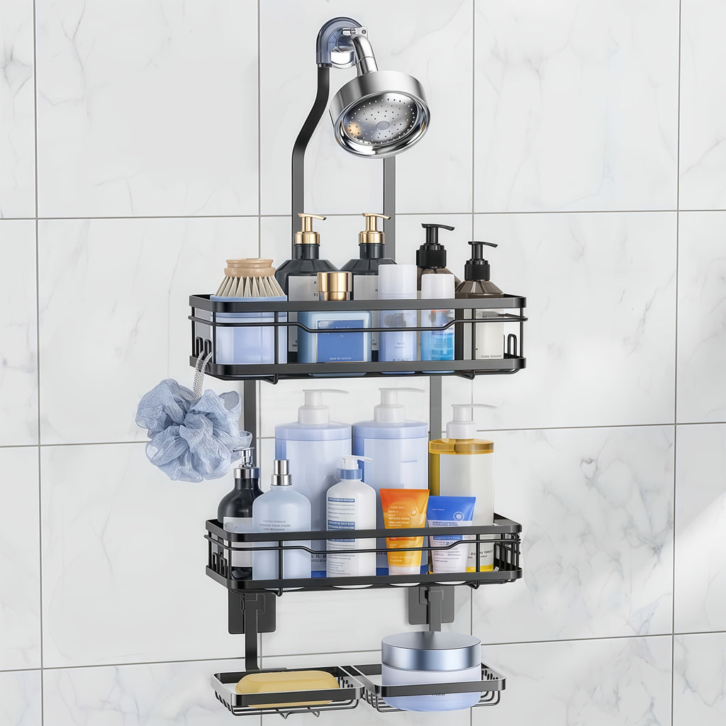Hanging Shower Rack 5-Piece Set with Soap Holder, Towel & Bathrobe Hook | No-Drill Rust-Proof Adjustable Shower Caddy for Bathroom Storage