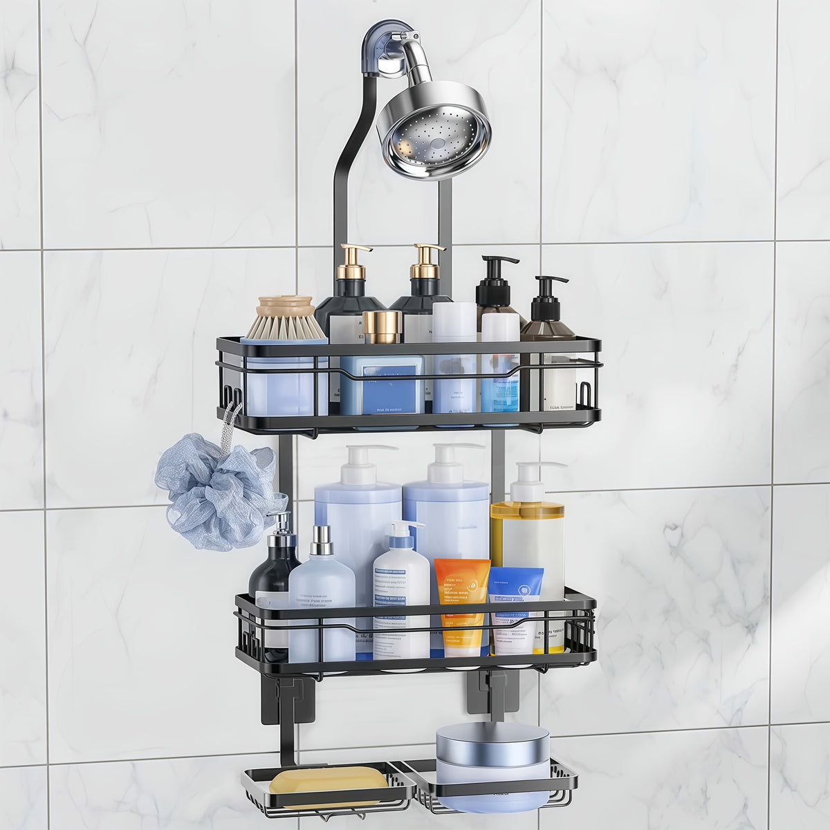Hanging Shower Rack 5-Piece Set with Soap Holder, Towel & Bathrobe Hook | No-Drill Rust-Proof Adjustable Shower Caddy for Bathroom Storage