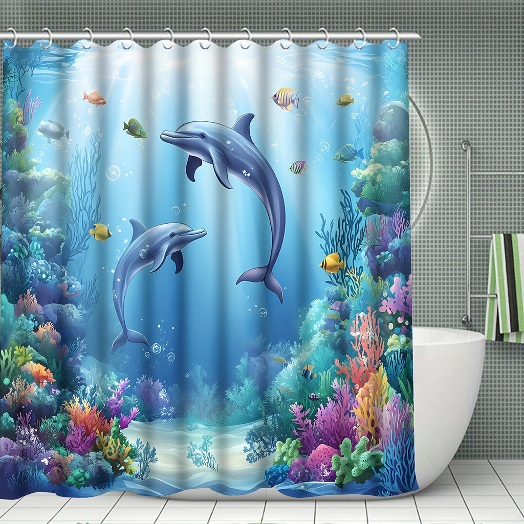 4pcs Sea Dolphin Coral Shower Curtain Set Blue Ocean Undersea World Fish Seaweed - 12 Hooks Toilet Lid Cover Non-Slip U-Shape Bath Mat Machine Washable | Nuvia Haven