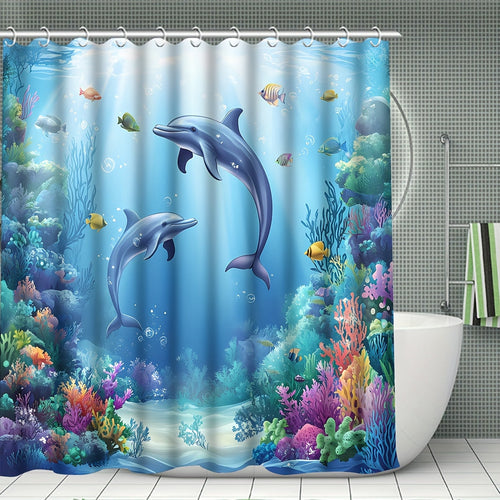 4pcs Sea Dolphin Coral Shower Curtain Set Blue Ocean Undersea World Fish Seaweed - 12 Hooks Toilet Lid Cover Non-Slip U-Shape Bath Mat Machine Washable | Nuvia Haven