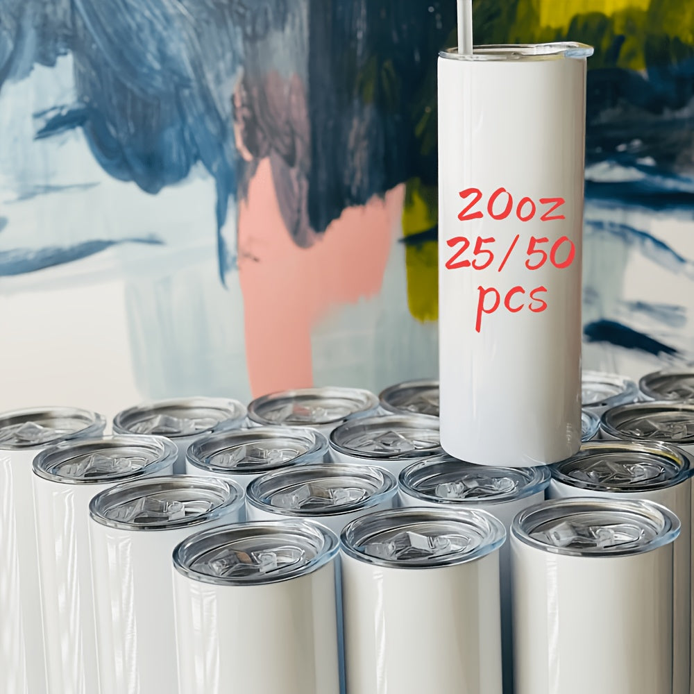 20oz Sublimation Tumblers Bulk 25 or 50 Pack – Skinny Straight Stainless Steel Insulated Sublimation Blanks with Lid & Straw, Gift Box Included