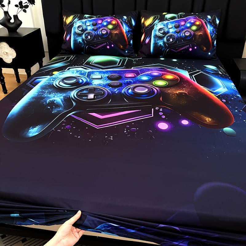 Gamepad Bed Sheet Set 3 Piece – Sports & Leisure Video Game Print Flat Sheet with 2 Pillowcases, Deep Pocket 15" Mattress Fit, High Definition Print Bedroom Decor Gift for Boys and Girls