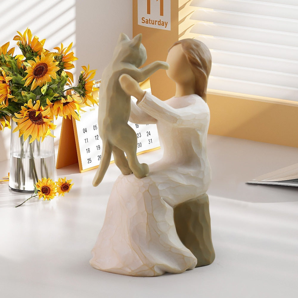 Hand-Painted Girl & Cat Resin Statue – Collectible Kitten Companion Figurine | Thoughtful Memorial Gift for Cat Lovers, Mom & Cat Ladies | Decorative Sculpture for Home, Shelf & Desktop