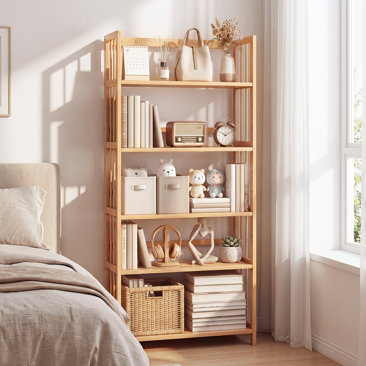 Bamboo Bookshelf Narrow 4 or 5 Tier Adjustable Shelves – Natural Wooden Bookcase Standing Storage Shelf Organizer for Small Spaces, Bedroom, Living Room & Home Office