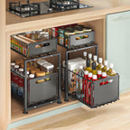 2-Tier Pull Out Cabinet Drawer Organizer No Drill - Slide Out Kitchen Pantry Shelf, Space-Saving Roll Out Storage for Spices Canned Goods Kitchenware, Black White
