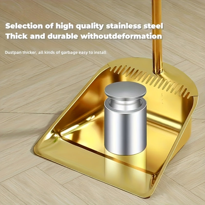 Premium Golden Stainless Steel Broom with Microfiber Bristles & 15° Angled V-Edge Dustpan – Floor-Safe, Hair-Trapping, Rubberized Bumper for Indoor & Outdoor Sweeping | Broom Only or Set