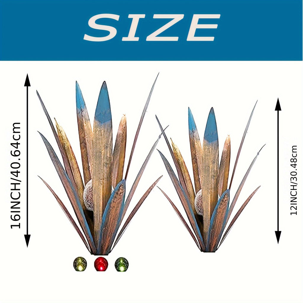 Metal Agave Solar Garden Lights Set of 2 (Large & Small) – Auto Dusk-to-Dawn Outdoor Stake Lights for Lawn, Courtyard, Garden & Patio Decor, 8 Color Options