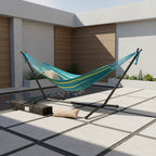 Heavy-Duty Double Hammock with Steel Stand – 450 lbs Capacity, 100% Linen Canvas, Carry Case & Head Pillow Included, No Assembly, Portable for Patio, Backyard, Camping & Balcony | 4 Colors