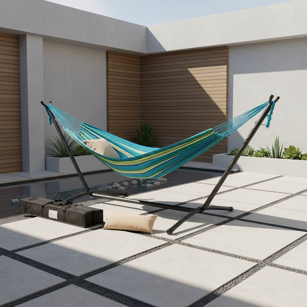 Heavy-Duty Double Hammock with Steel Stand – 450 lbs Capacity, 100% Linen Canvas, Carry Case & Head Pillow Included, No Assembly, Portable for Patio, Backyard, Camping & Balcony | 4 Colors