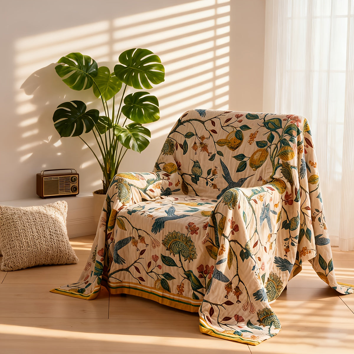 Boho Cotton Throw Blanket Twin Queen King – 100% Cotton Soft Luxury Reversible Quilt, Floral Lemon Print Farmhouse Bohemian Bed Blanket for All Seasons