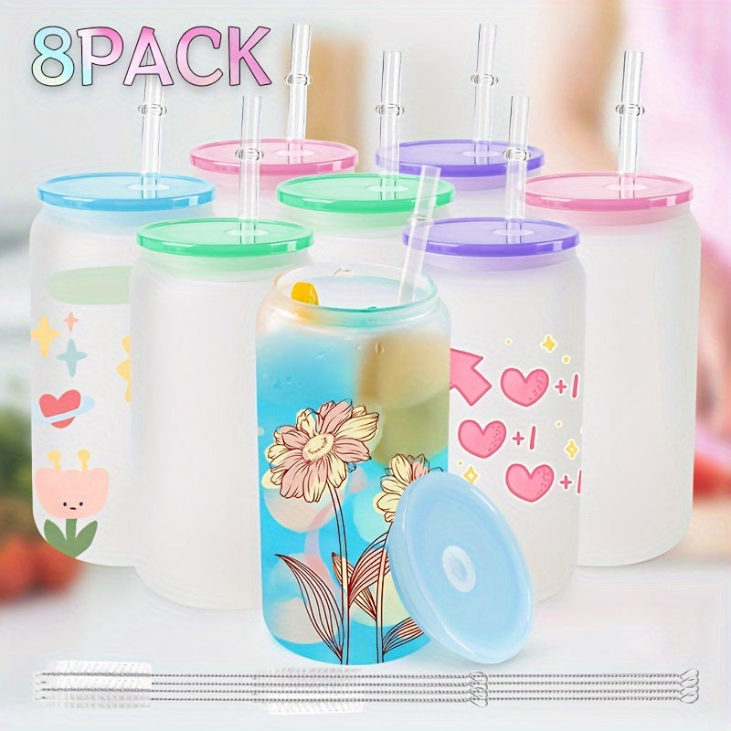 Frosted Glass Tumblers Set 16oz - Borosilicate Can Glasses with Acrylic Lids for Iced Coffee, Juice & Soda, Sublimation Ready, 8 or 12 Pack Perfect Christmas Holiday Gift